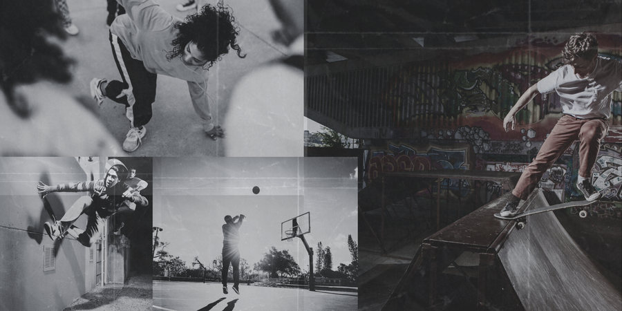 Sportende jongeren: een skater, een basketter, een freerunner en een breakdancer